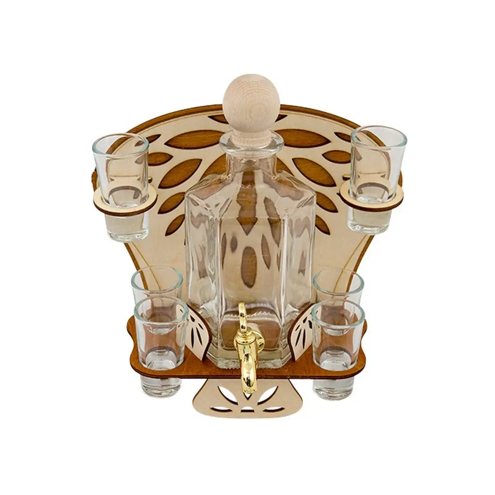 Sada fľaše a 6ks pohárikov v drevenom stojane.