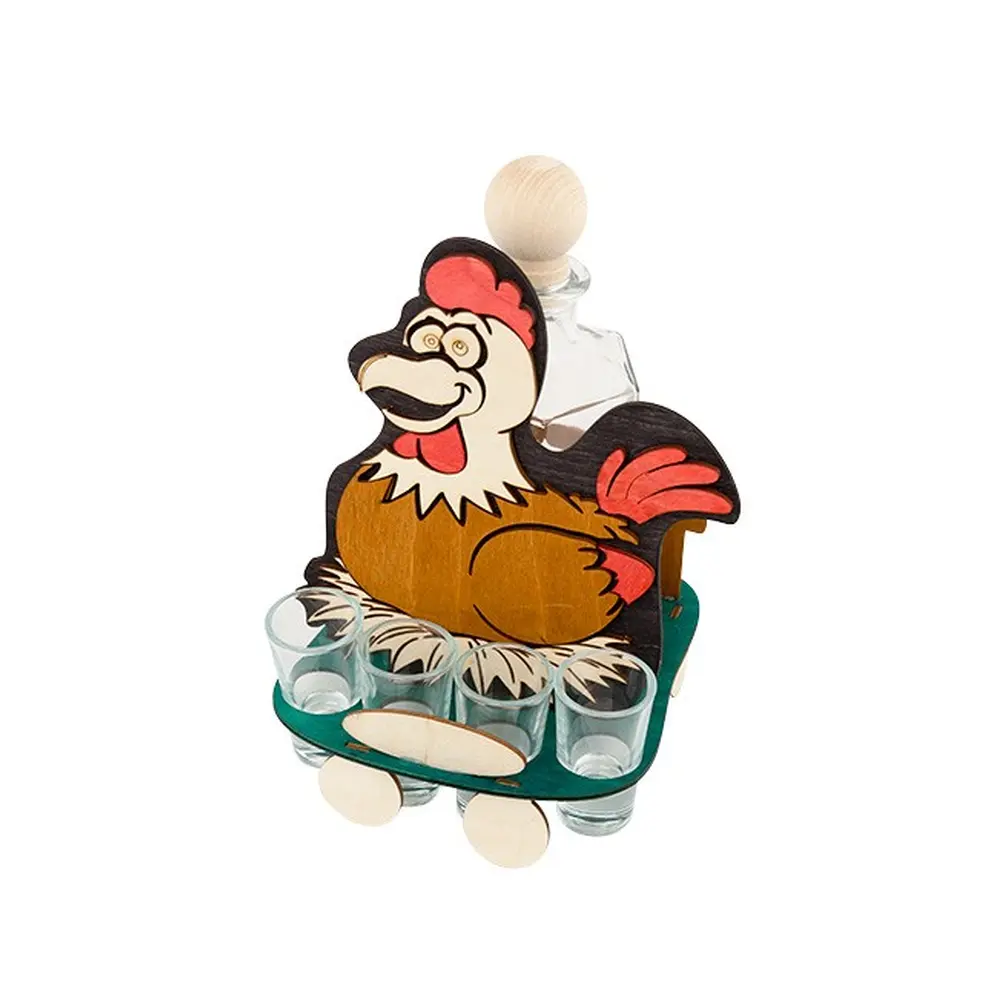 Sada 4ks pohárikov s fľaškou v drevenom stojane.