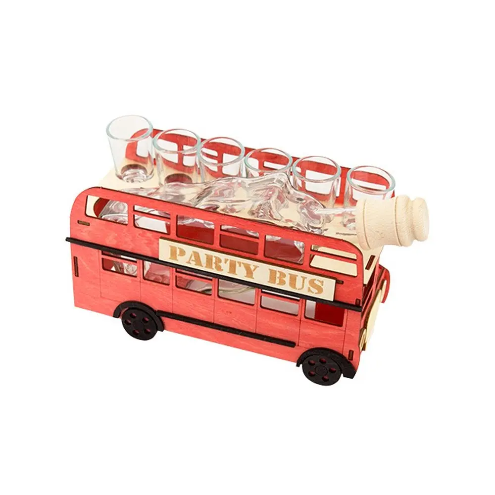 Sada 6 ks pohárikov a fľaše v drevenom stojane.