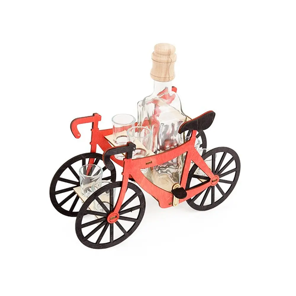 Sada fľaše a 6ks pohárikov v drevenom stojane.