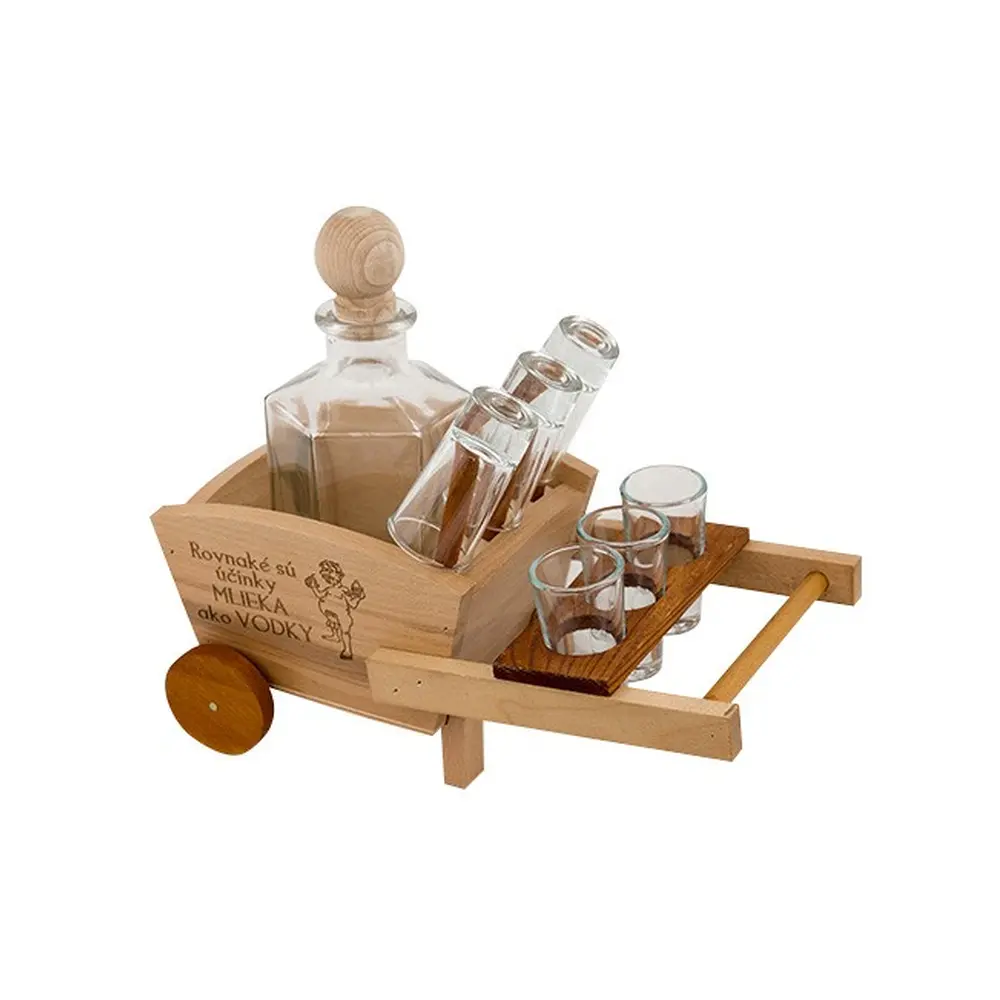 Sada fľaše a 6ks pohárikov v drevenom stojane.