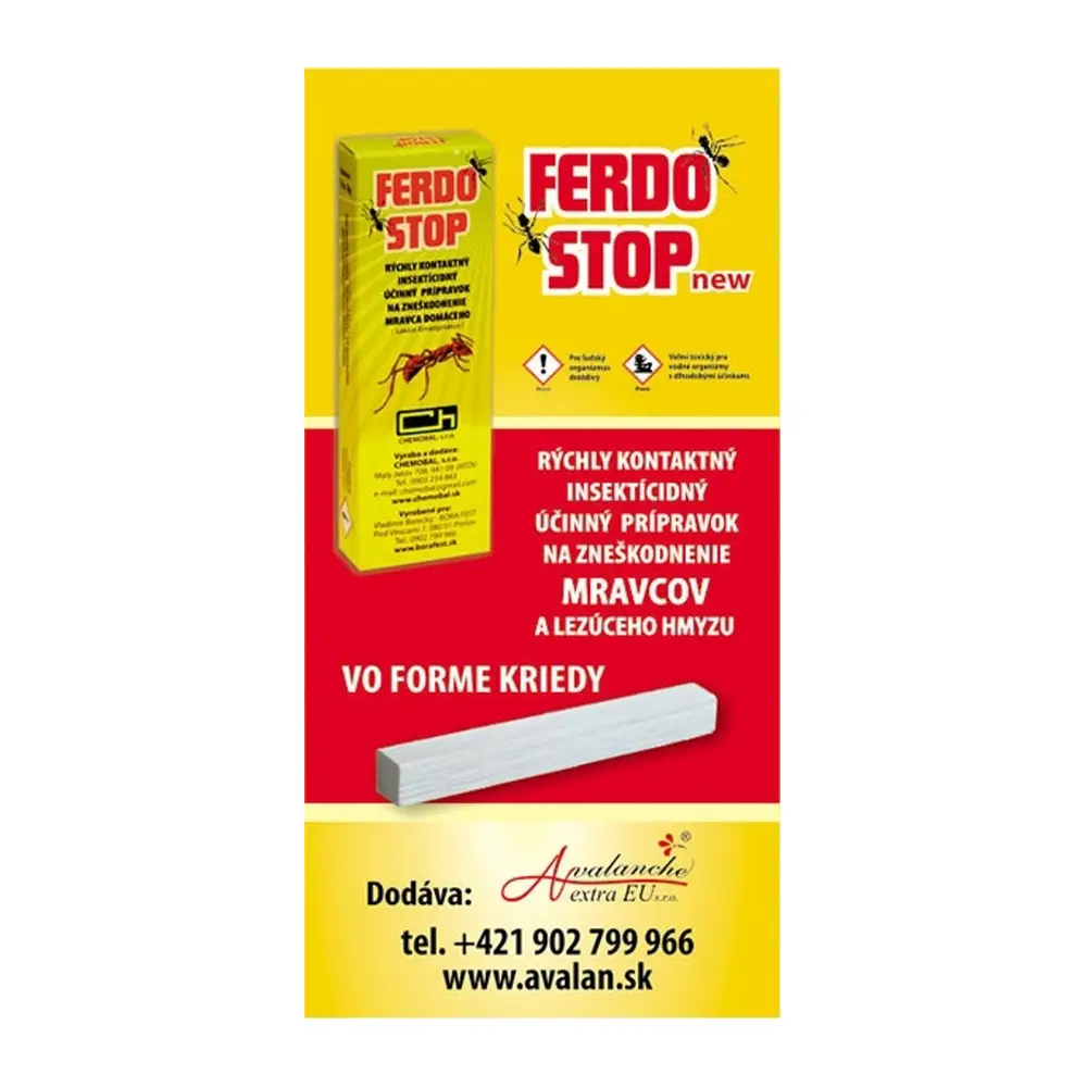 Používajte insekticíd bezpečne. Pred použitím si vždy prečítajte etiketu a informáciu o výrobku.Inovovaný insekticídny prípravok vo forme kriedy - na ochranu proti všetkým druhom mravcom v uzatvorených priestoroch - účinný aj proti hmyzuDruhy nebezpečnosti:H302 Škodlivý po požití.H317 Môže vyvolať alergickú kožnú reakciu.H319 Spôsobuje vážne podráždenie očí.H332 Škodlivý po vdýchnutí.H400 Veľmi toxický pre vodné organizmy.H410 Veľmi toxický pre vodné organizmy