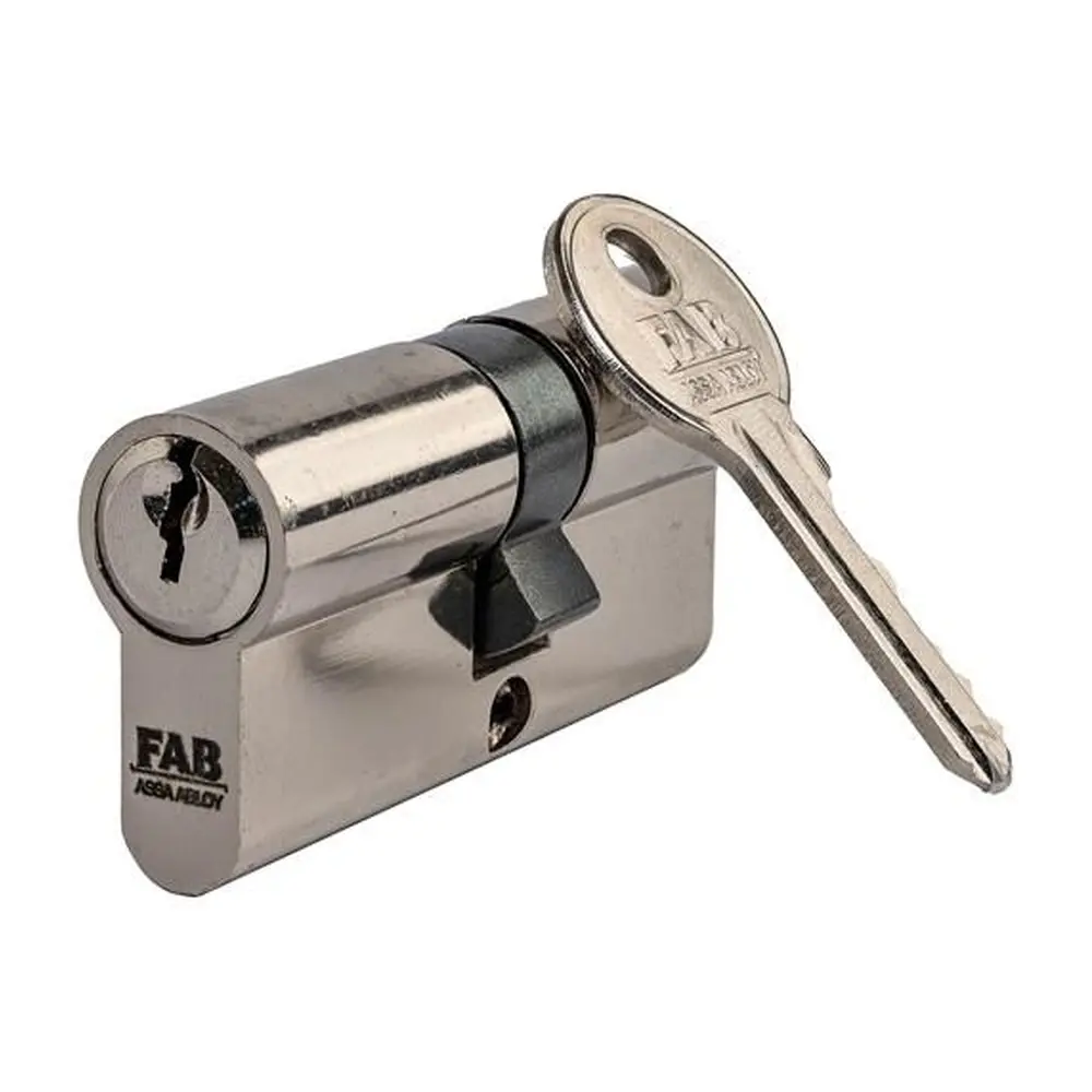 Cylindrická vložka FAB je určená na dočasné uzavretie napr. počas stavby a pre objekty vyžadujúce základnú úroveň zabezpečenia. Obsahuje 5 stavítkový uzamykací systém. Povrchová úprava lesklý nikel. Štandardne dodávané s 3 oceľovými kľúčmi. Rozmer: 30+35 mm.