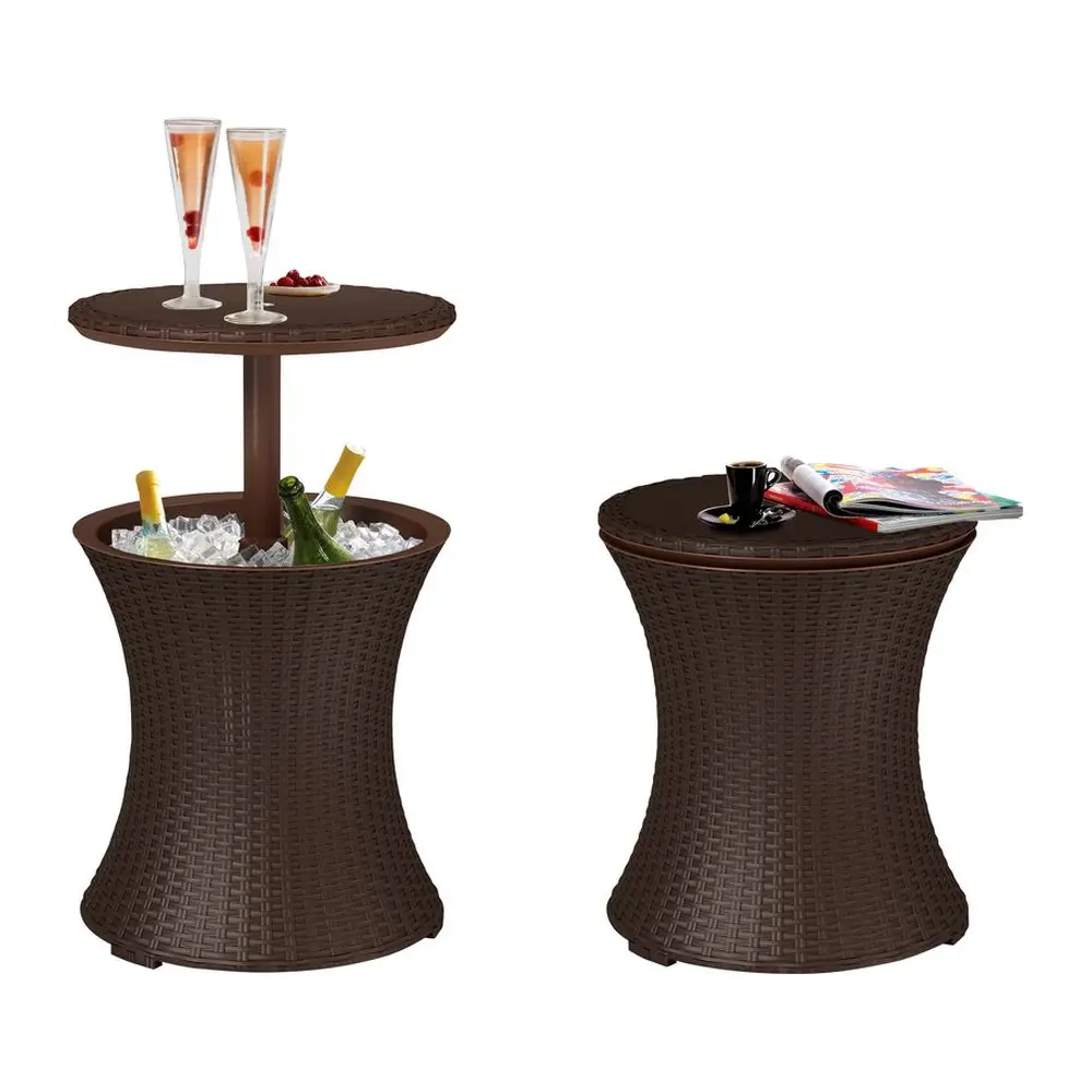 v zloženom stave slúži ako praktický stôl a po rozvinutí môže slúžiť ako klasický bar s boxom pre chladenie nápojovelegantný dizajnpovrch v imitácii ratanuvhodný pri organizovaní záhradných párty