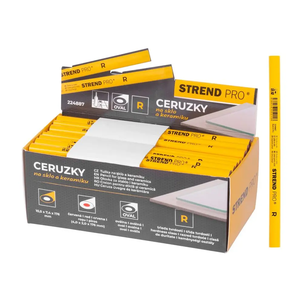 Oválna ceruzka Strend Pro na značenie sklenených a keramických povrchov s červenou tuhou tvrdosti R. Rozmery: 10