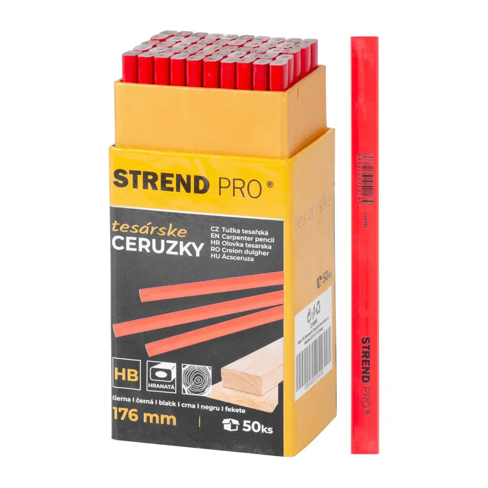 Hranatá tesárska ceruzka Strend Pro na značenie drevených povrchov s čiernou tuhou tvrdosti HB. Rozmery: 12x7
