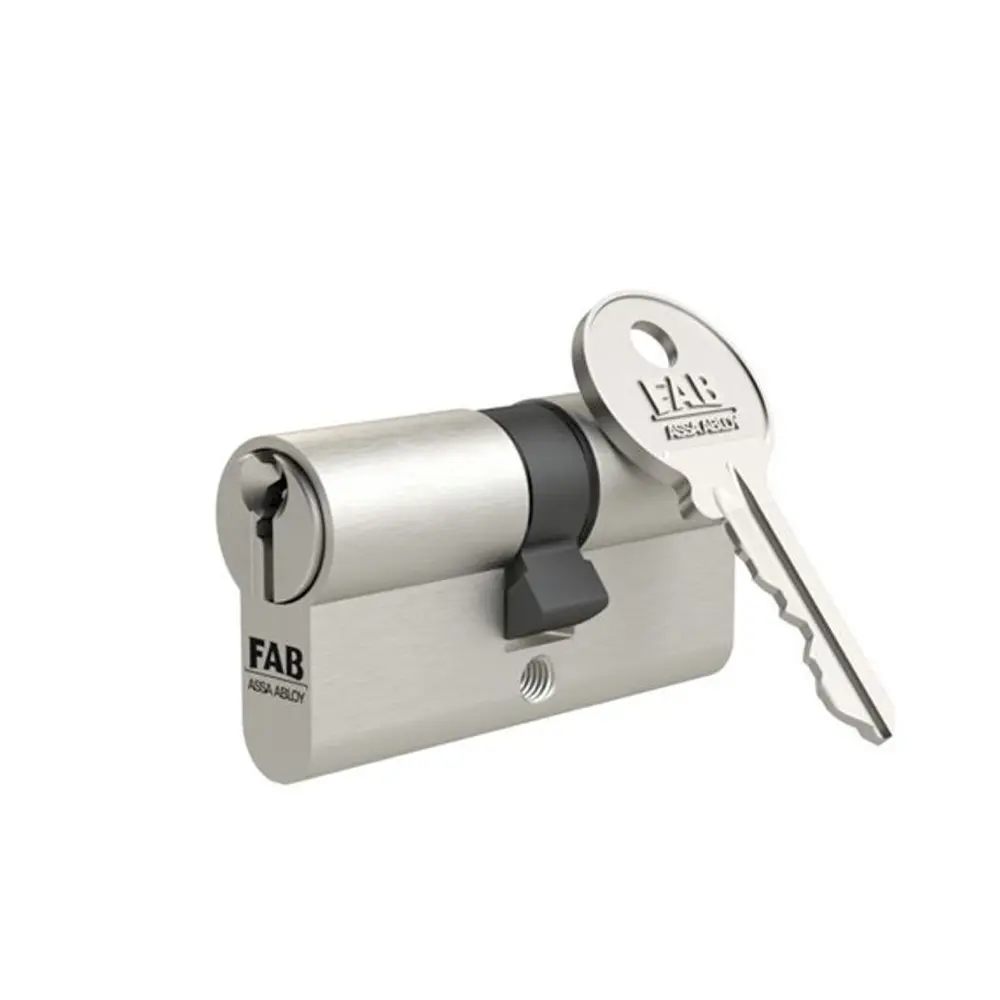 Cylindrická vložka FAB je určená na dočasné uzavretie napr. počas stavby a pre objekty vyžadujúce základnú úroveň zabezpečenia. Obsahuje 5 stavítkový uzamykací systém. Povrchová úprava saténový nikel. Štandardne dodávané s 3 oceľovými kľúčmi. Rozmer: 30+50 mm.