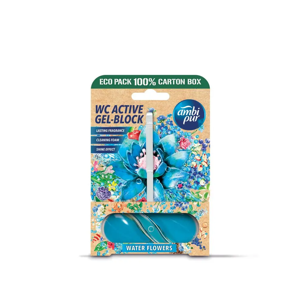 Ambipur WC Active gélový blok Vodné kvety 45 gUdržujte svoju toaletu sviežu a hygienicky čistú s gélovým WC blokom Ambipur WC Active. Jeho nová gélová textúra sa rýchlo rozpúšťa vo vode