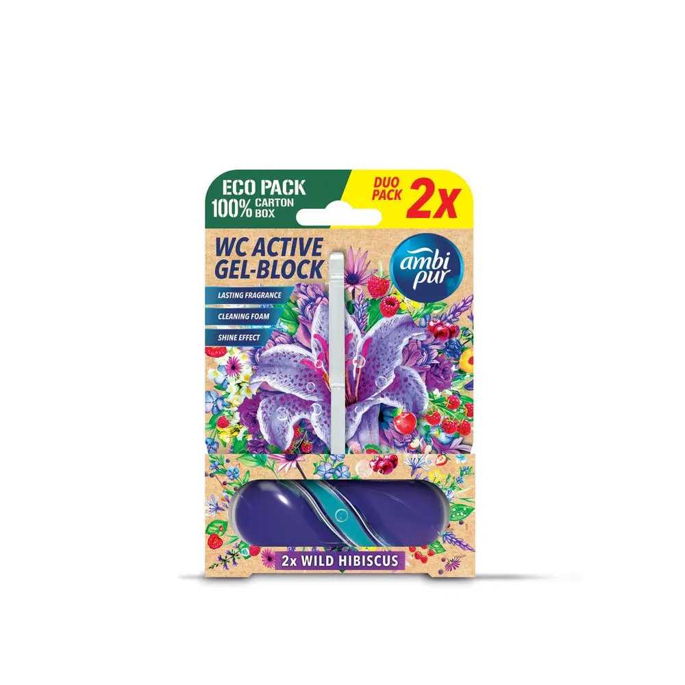 Ambipur WC Active gélový blok Divoký ibištek 2x45 gUdržujte svoju toaletu sviežu a hygienicky čistú s gélovým WC blokom Ambipur WC Active. Jeho nová gélová textúra sa rýchlo rozpúšťa vo vode