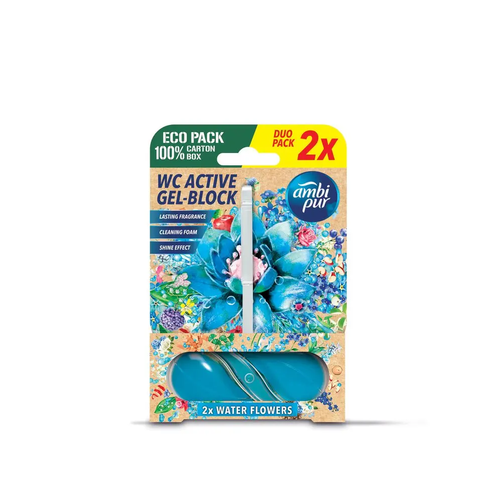 Ambipur WC Active gélový blok Vodné kvety 2x45 gUdržujte svoju toaletu sviežu a hygienicky čistú s gélovým WC blokom Ambipur WC Active. Jeho nová gélová textúra sa rýchlo rozpúšťa vo vode