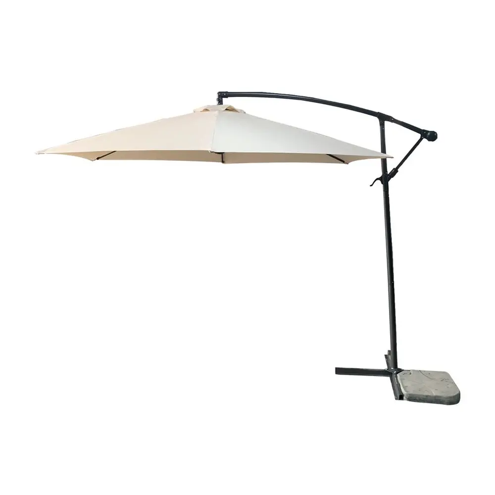 Slnečník je krásnej béžovej farby a je ideálnym prostriedkom na ochranu pred horúcim slnkom počas letných dní. Hlavná konštrukcia sa nachádza na bočnej strane a je vyrobená z pevnej ocele. Výška nosnej tyče je 240 cm a priemer 48/42 mm. Požadovanú výšku je možné nastaviť si pomocou kľučky na tyči. Priemer rebier