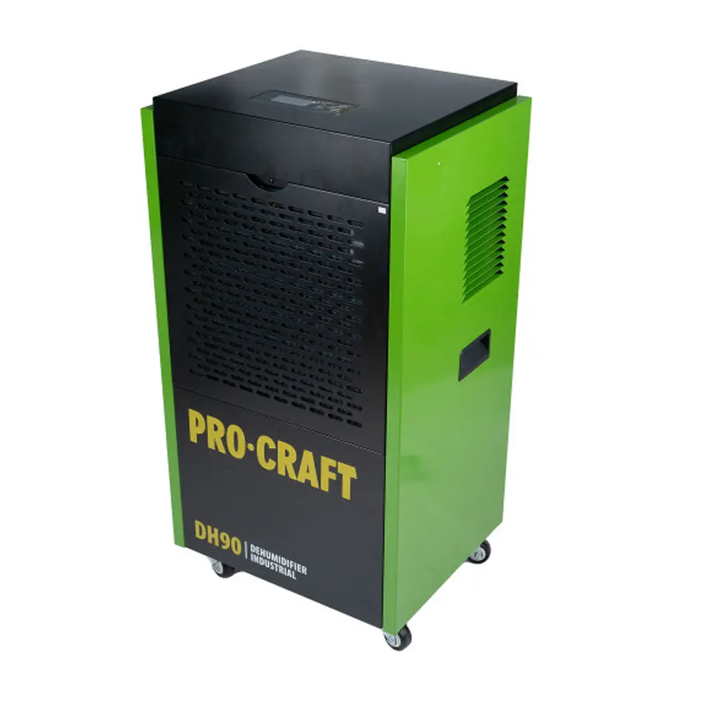 Profesionálna sušička vzduchu Procraft DH90 je určená na sušenie vzduchu v obytných priestoroch a komerčných budovách s podlahovou plochou do 200 m2. Má výkon až 90 l/deň a prietok vzduchu až 500 m3/h. Časovač umožňuje nastaviť dĺžku prevádzky sušičky. Praktická rukoväť a dve veľké pojazdné kolieska zaručujú jednoduchú prepravu. Plášť z oceľového plechu a odolná konštrukcia umožňujú použitie aj v náročných priemyselných podmienkach. Zariadenie sa automaticky vypne