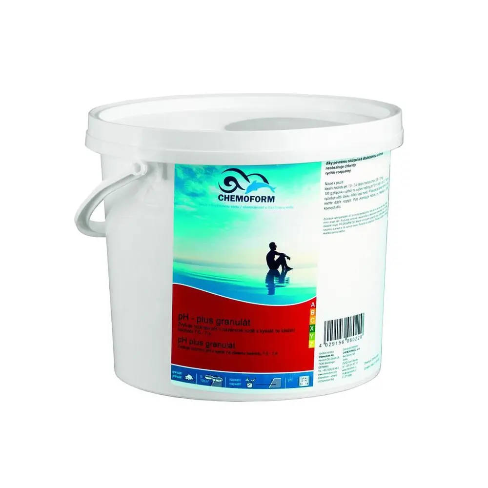 - Granulovaný prostriedok pre zvýšenie hodnoty pH bazénovej vody z kyslej na neutrálne. 