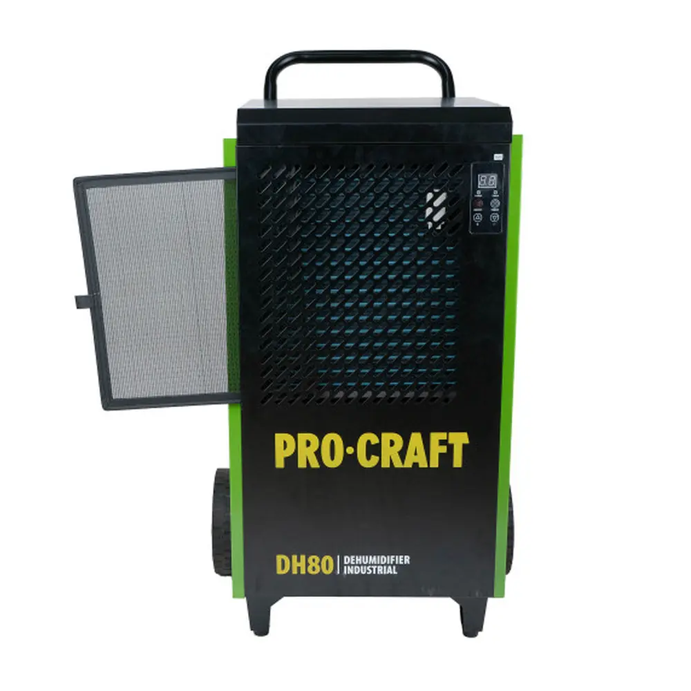 Profesionálna sušička vzduchu Procraft DH80 je určená na sušenie vzduchu v obytných priestoroch a komerčných budovách s podlahovou plochou do 180 m2. Má výkon až 70 l/deň a prietok vzduchu až 400 m3/h. Časovač umožňuje nastaviť dĺžku prevádzky sušičky. Praktická rukoväť a dve veľké kolieska zabezpečujú jednoduchú prepravu. Plášť z oceľového plechu a odolná konštrukcia umožňujú použitie aj v náročných priemyselných podmienkach. Zariadenie sa automaticky vypne