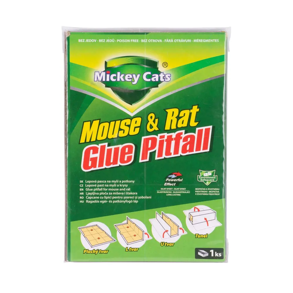 Silné lepidlo na lepovej pasci Mickey zabraňuje úniku zachytených hlodavcov. Lepová doska nepoužíva žiadne chemikálie