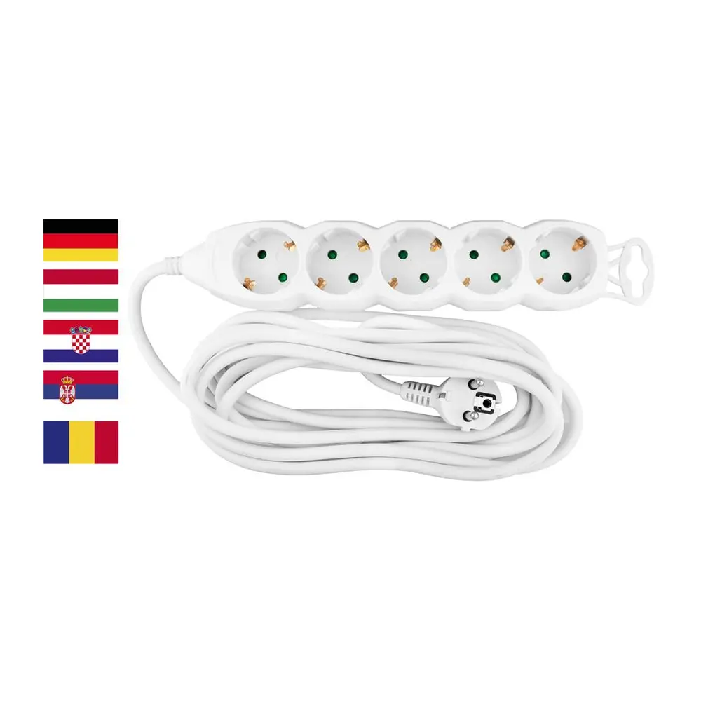 Predlžovací kábel Strend Pro DG-805B v klasickom bielom prevedení má dĺžku 5 metrov. Kábel je učený pre krajiny s nemeckými zásuvkami typu F. Kábel má detskú poistku