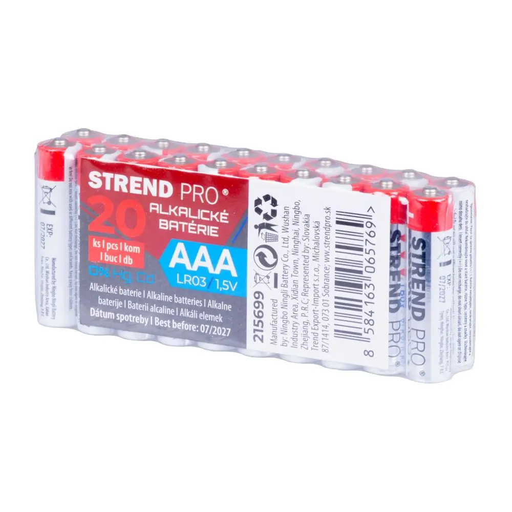 20-kusový multipack alkalických batérií Strend Pro s označením AAA. Vyznačujú sa vysokou kapacitou. Neobsahujú ortuť ani kadmium. Univerzálne použitie do všetkých zariadení na batérie typu AAA ako napríklad hračky