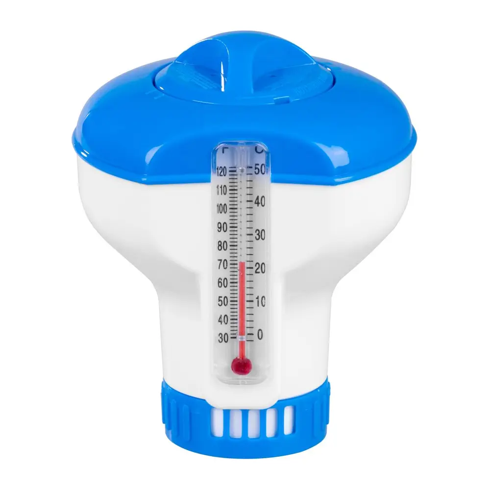 DávkovačStrend Pro Pools teplomerom je praktický a spoľahlivý pomocník naudržiavanie čisteja hygienickej vody vo vašom bazéne. Je určený na postupné uvoľňovanie chlórových alebo multifunkčných tabliet s priemerom 1