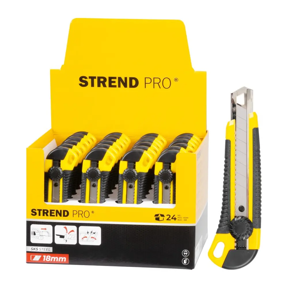 Nôž Strend Pro UKBOX-85 je spoľahlivý odlamovací nôž s 18 mm ostrým rezacím čepelom. S plastovým telom a možnosťou odlamovania čepele je ideálny pre presné a jednoduché rezanie rôznych materiálov. Balenie obsahuje 24 kusov