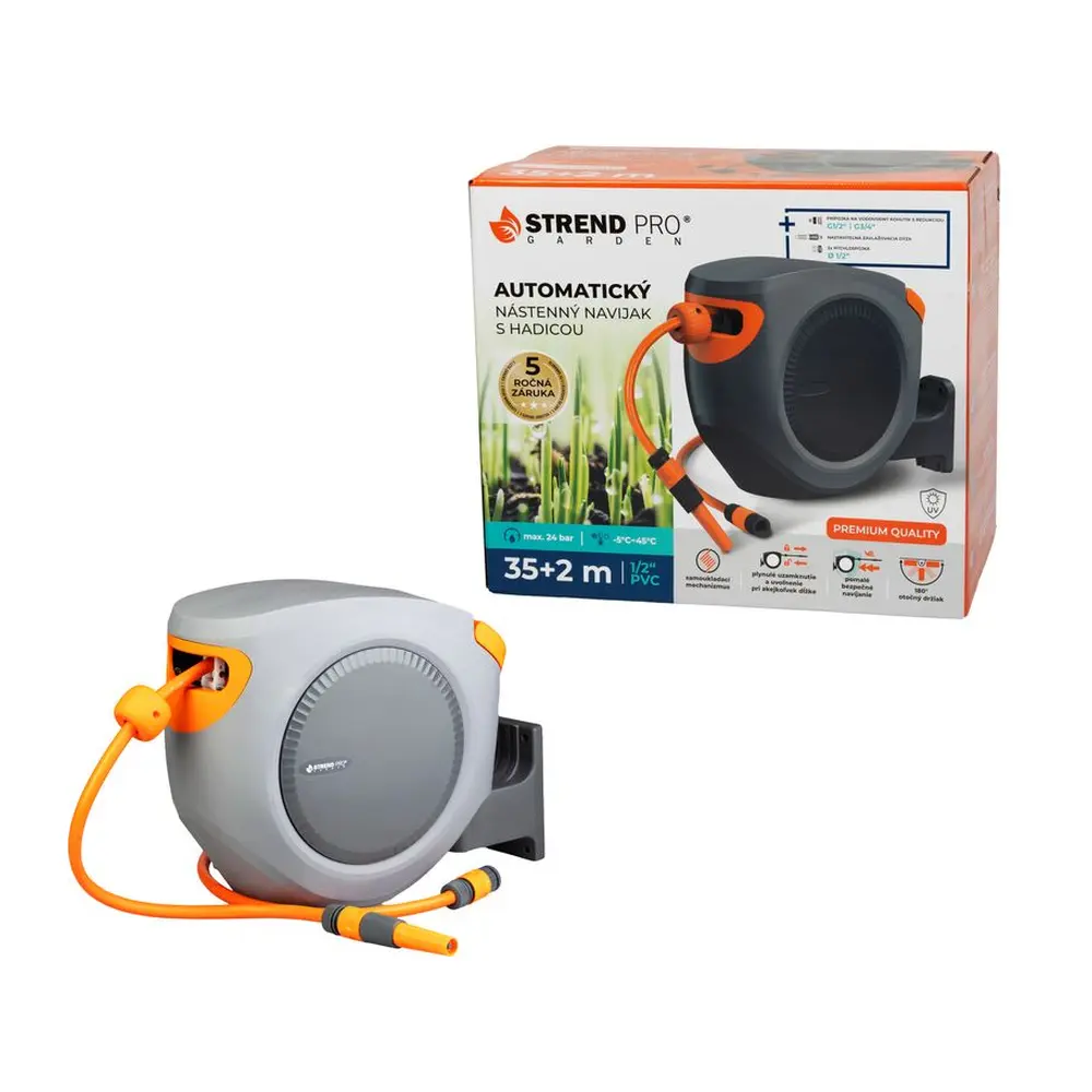 Automatický nástenný navijak Strend Pro Premium s 35+2 m záhradnou hadicou je praktickým riešením pre pohodlné zavlažovanie záhrady