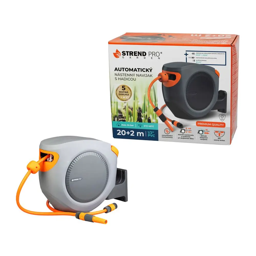 Automatický nástenný navijak Strend Pro Premium s 20+2 m záhradnou hadicou je praktickým riešením pre pohodlné zavlažovanie záhrady