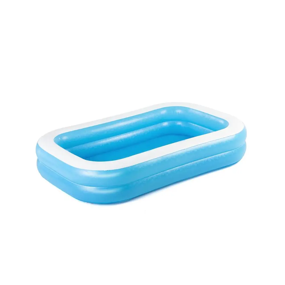 Modrý obdĺžnikový rodinný bazén s objemom 778 litrov je ideálnou voľbou na záhradu