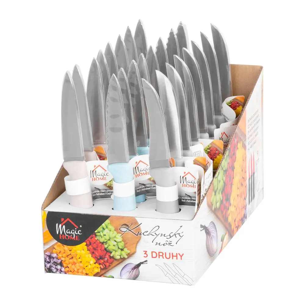Orezávací nôž na zeleninu MagicHome je nevyhnutnou súčasťou každej kuchyne. Je skvelý pomocník pri orezávaní a čistení rôznych druhov zeleniny aj ovocia. Čepeľ je vyrobená z kvalitnej nerezovej ocele. V sellboxe sú 3 rôzne druhy nožov - rovný