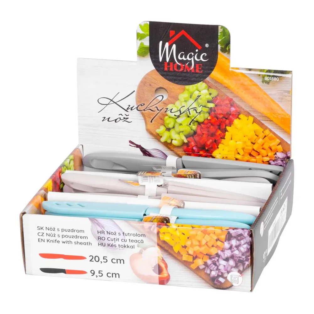 Orezávací nôž na zeleninu MagicHome je nevyhnutnou súčasťou každej kuchyne. Je skvelý pomocník pri orezávaní a čistení rôznych druhov zeleniny aj ovocia. Čepeľ je vyrobená z kvalitnej nerezovej ocele. Obsahuje praktický kryt. Vhodný do umývačky riadu. Dĺžka noža: 20