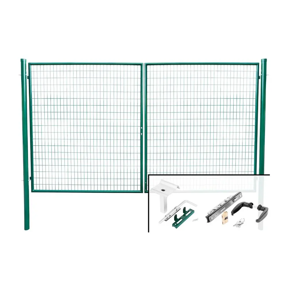 Záhradná dvojkrídlová brána s výplňou zváranej siete s okami vo veľkosti 50 x 100 mm a hrúbkou drôtu 3
